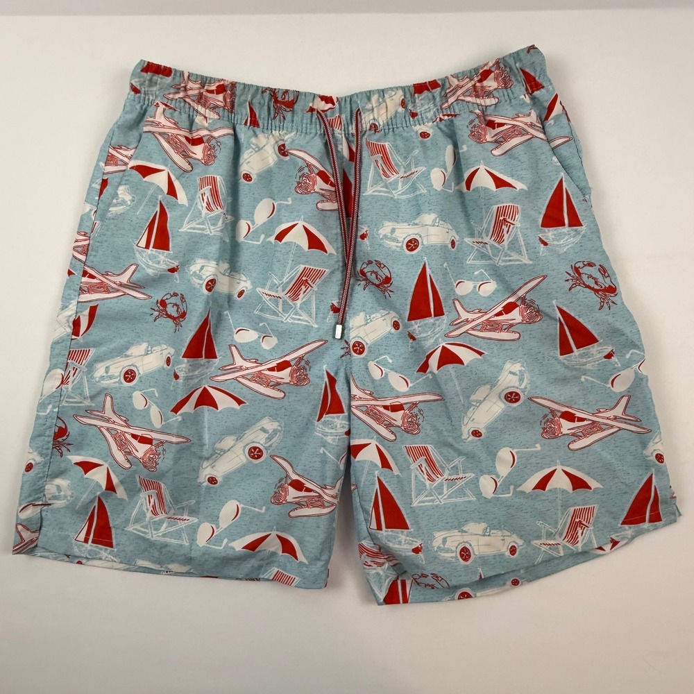 Peter Millar Mens XL Nautical Beach Print Swim Trunks Blue Red MS13P08